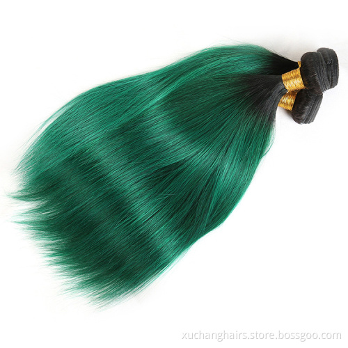 Ombre Dark Roots Human Hair Bundles With Closure 1B/Green Two Tone Color Virgin Brazilian Hair Weave